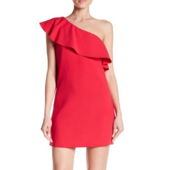 French Connection NWT Deep Hot Pink One Shoulder Ruffle Overlay Mini Dress - Picture 1 of 12